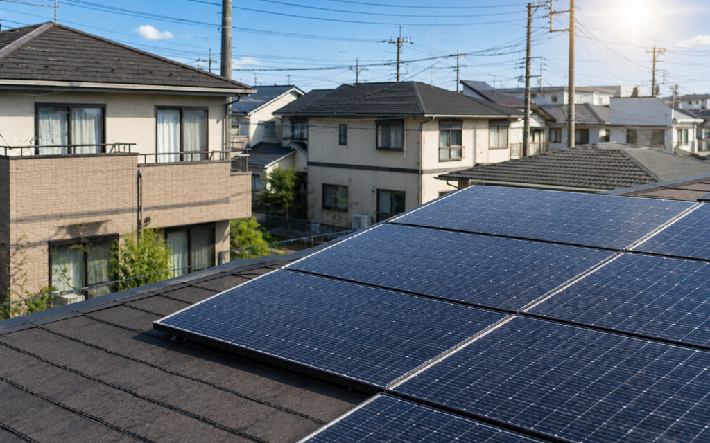 屋根に設置された太陽光パネルを点検する作業員