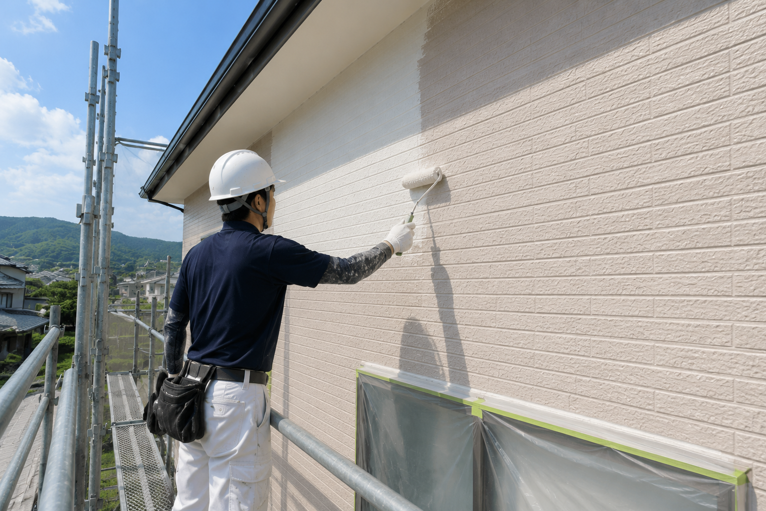 外壁塗装工事中の戸建て住宅