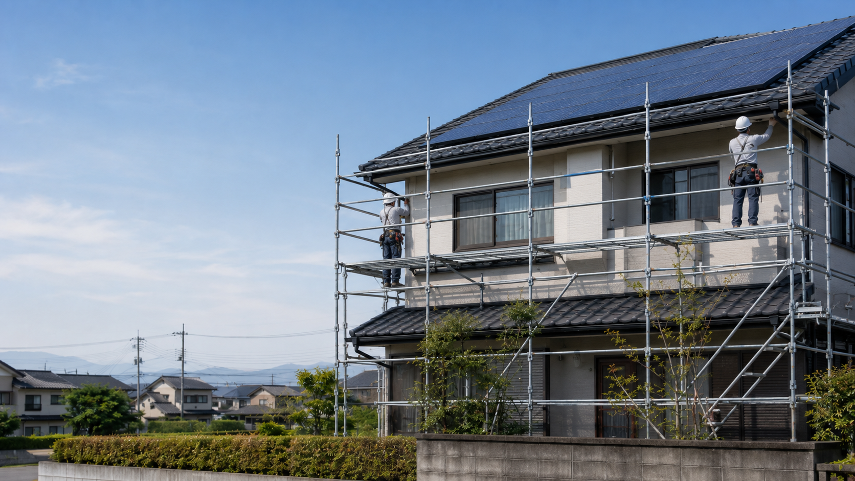 太陽光パネルのある日本の戸建て住宅で、安全装備を着けた作業員が点検を行っている様子